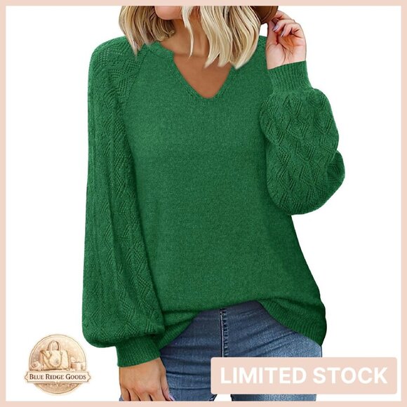 Sweaters - Chunky Knit V-Neck Pullover Sweater Oversized Slouchy Chic Lantern Sleeves